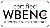 Certified WBENC Women’s Business Enterprise logo: Turquoise words with two yellow humanoid figures in the large C
