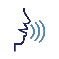 Voice course icon: outline of lower face, pointing right, with 3 sound waves coming from the mouth 