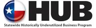Texas Hub (Historically Underutilized Business) logo: The Texas flag drawn in a circle to the left of large HUB letters, small text under logo reads “statewide historically underutilized business program”